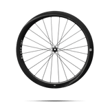 Full view of Black Inc FORTY SIX gravel front wheel that appears to be floating against a transparent background.