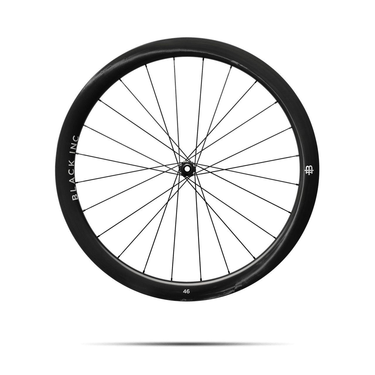 Full view of Black Inc FORTY SIX gravel front wheel that appears to be floating against a transparent background.