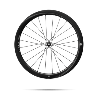 Full view of Black Inc FORTY SIX gravel front wheel that appears to be floating against a transparent background.