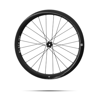 Full view of Black Inc FORTY SIX gravel rear wheel that appears to be floating against a transparent background.