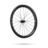 Quarter-turned side view of Black Inc FORTY SIX gravel front wheel that appears to be floating against a transparent background.